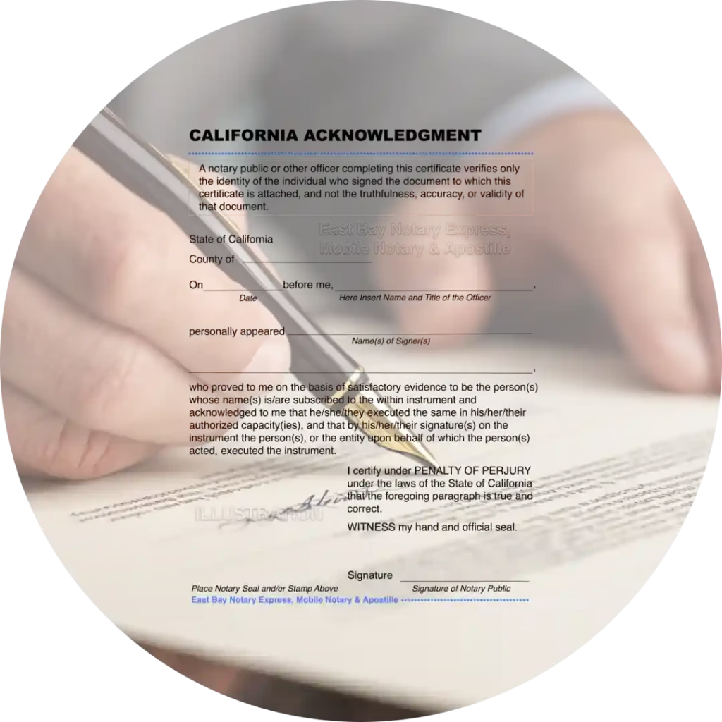 California Acknowledgment Notary Public Certificate form with signing hand and pen background