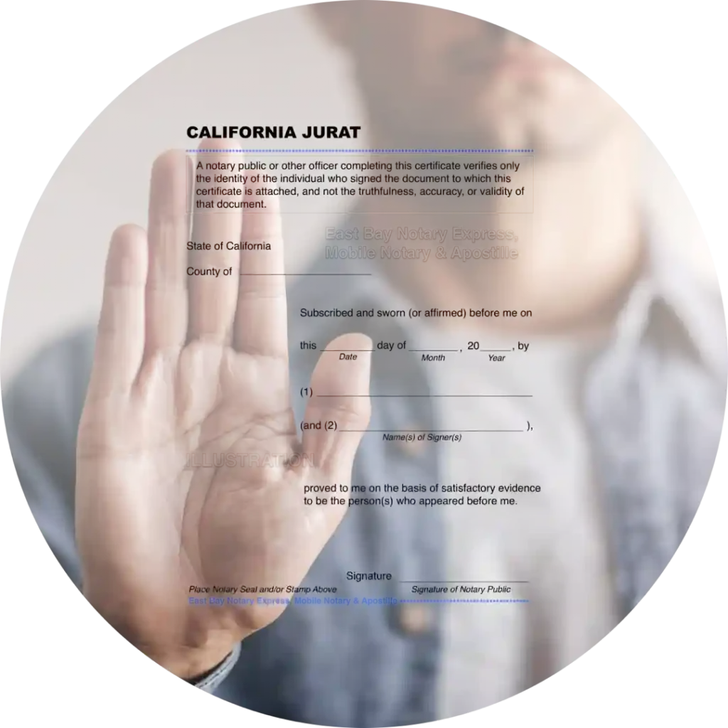 California Jurat Notary Public Certificate form with raised hand background