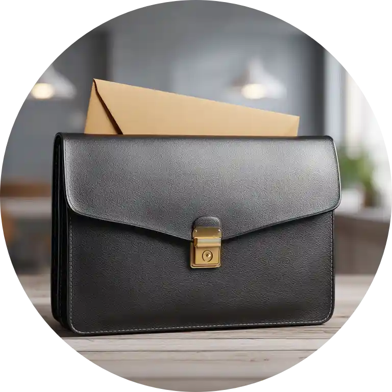 Home 25 Locked leather document courier case with an envelope, used for secure delivery of notarized and apostilled documents