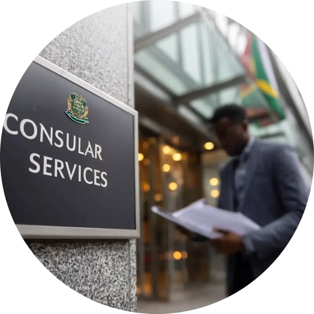 Consular Services sign at an embassy entrance, with a man reviewing documents for embassy legalization