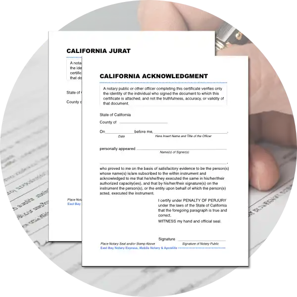 Home 22 California Jurat and Acknowledgment notary certificate forms for general notary service reservations