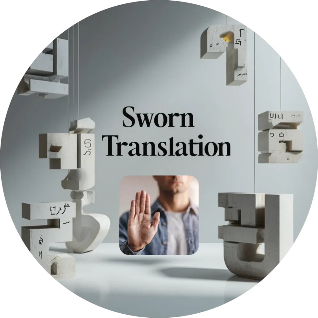 Sworn translation service with a person taking an oath and stylized multilingual letter blocks
