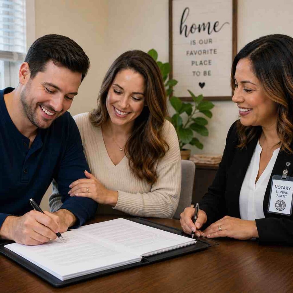 Mobile loan signing agent assisting clients with signing documents at a home table